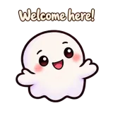 Welcome here! · Soft Ghost sticker from Chat Reactions